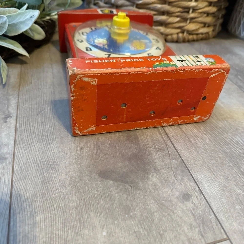 Vintage 1960s Fisher-Price Children’s Toy Red Yellow Music Box Teaching Clock